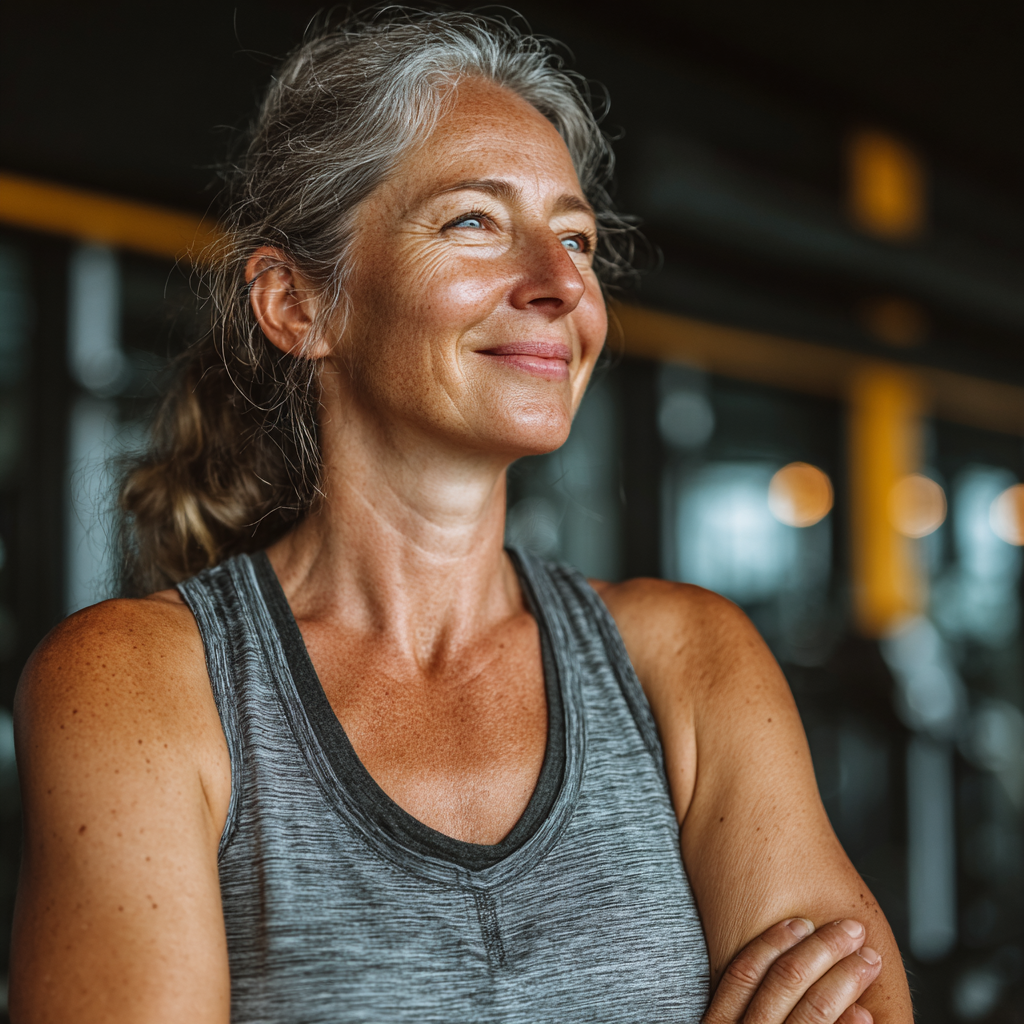 Confident middle-aged woman in fitness attire smiling after workout session in modern gym, representing healthy lifestyle and wellness for mature adults