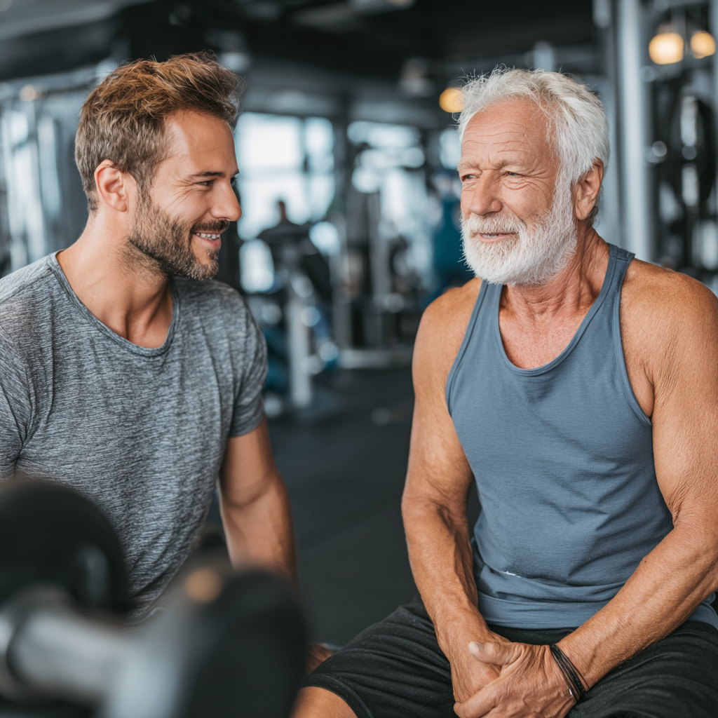 Professional fitness trainer working with mature adult client in bright, modern wellness center, showing personalized approach to health and fitness guidance
